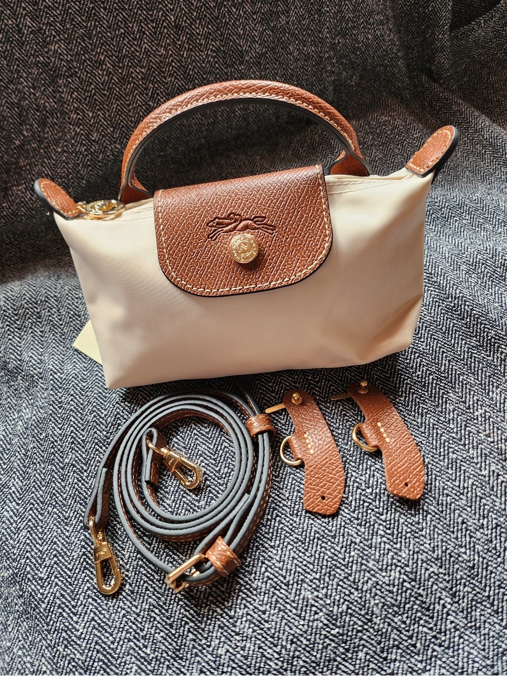 White Cream & Brown Nylon Top-Handle mini Bag with removable strap